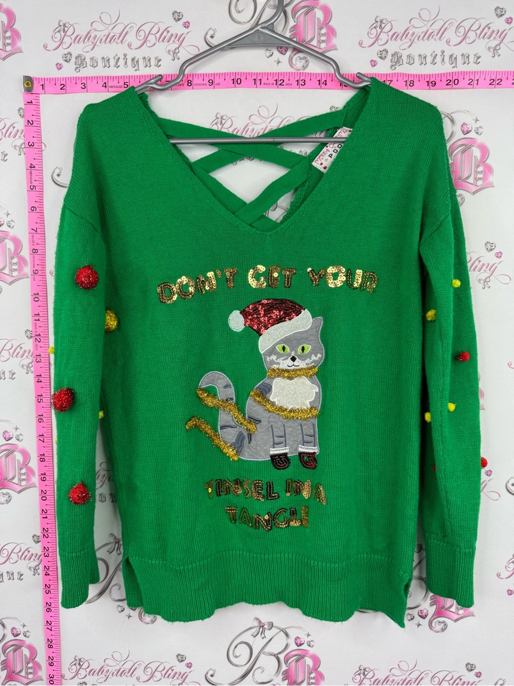 Poof! Christmas sweater Green V-Neck Holiday Cat Sweater with Pom-Poms